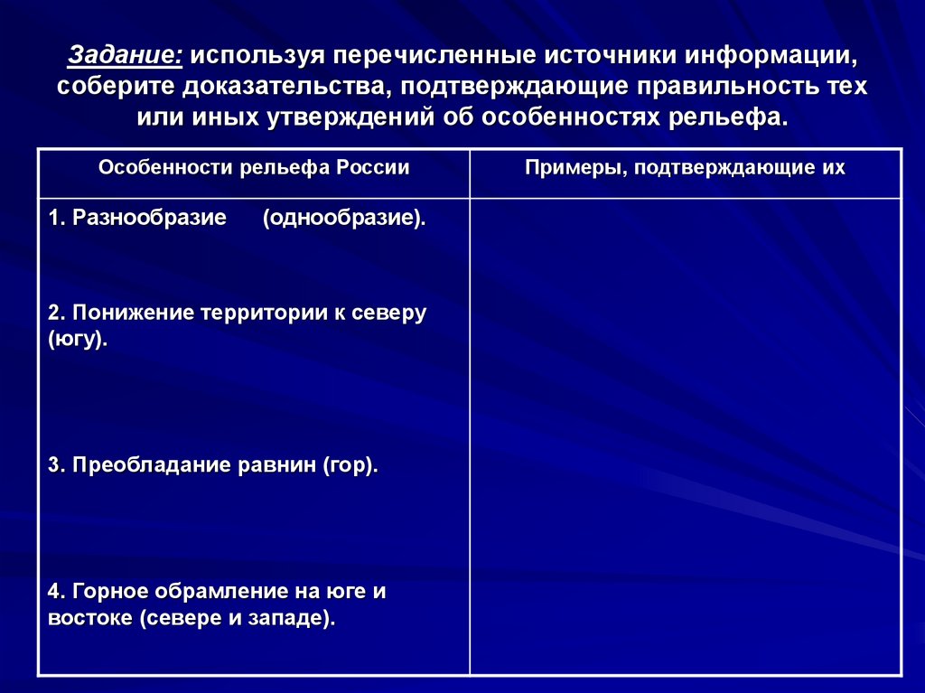 Доказательством подтверждающим. Особенности рельефа понижение территории к северу. Особенности рельефа России понижение территории к северу. Особенности рельефа России таблица понижение территории к северу. Перечислите источники.