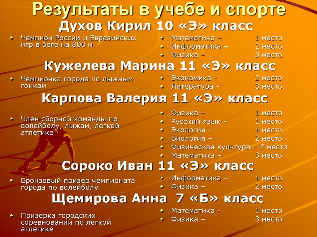 Результаты в учебе и спорте
