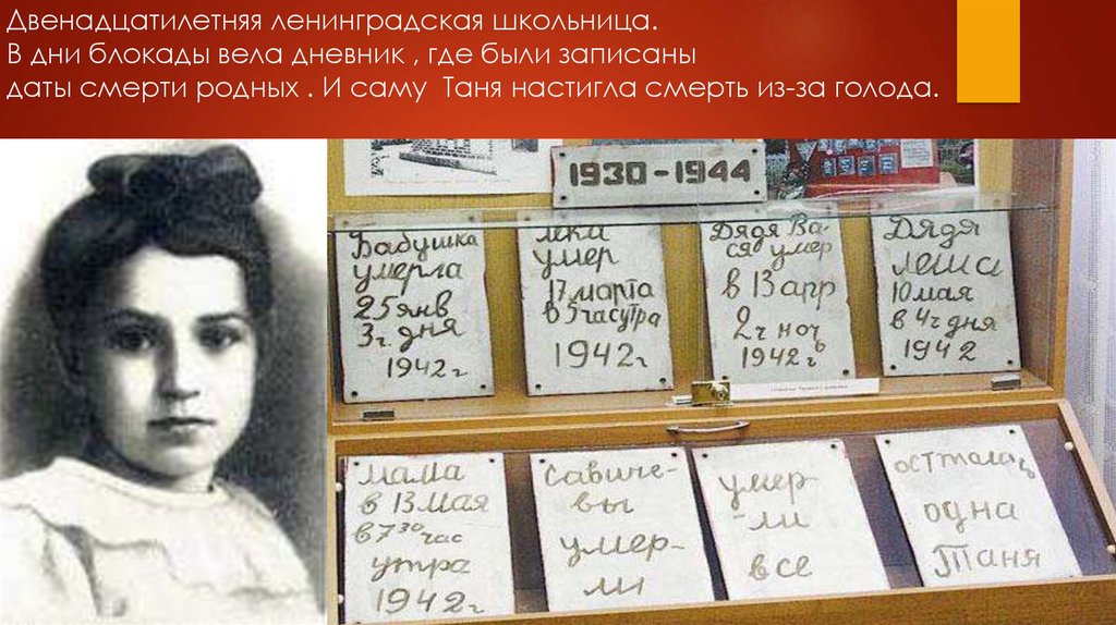 Двенадцатилетняя ленинградская школьница. В дни блокады вела дневник , где были записаны даты смерти родных . И саму Таня