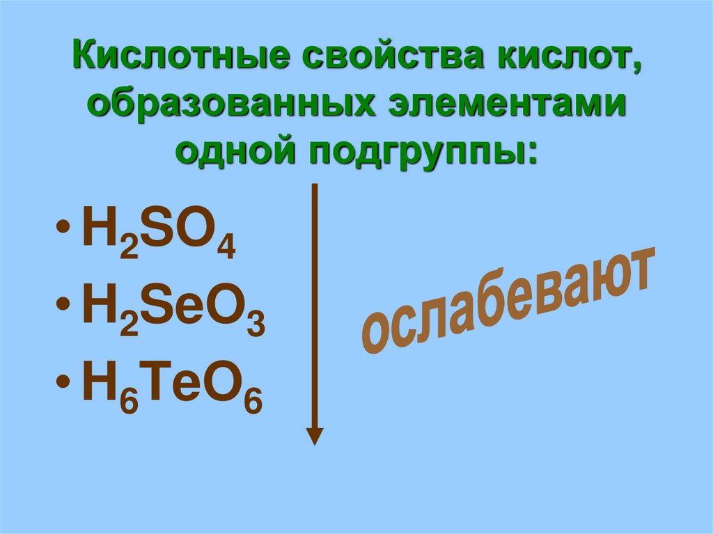 Кислотные свойства кислот, образованных элементами одной подгруппы: