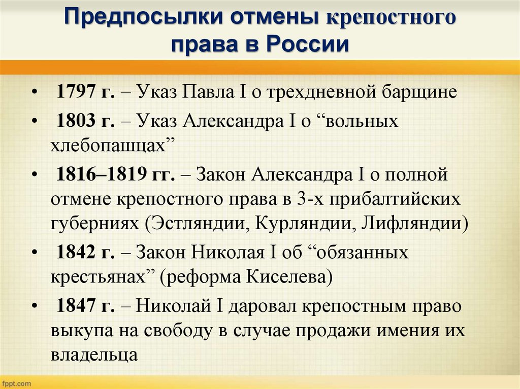 Отмена крепостного права план конспект