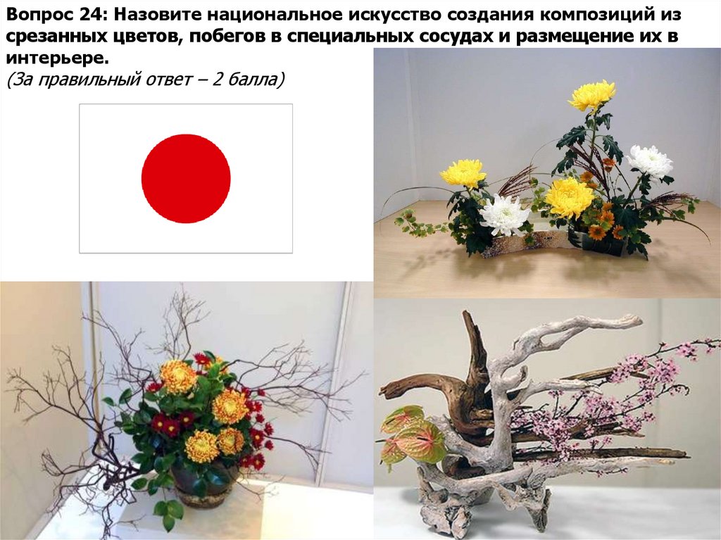 Вопрос 24: Назовите национальное искусство создания композиций из срезанных цветов, побегов в специальных сосудах и размещение