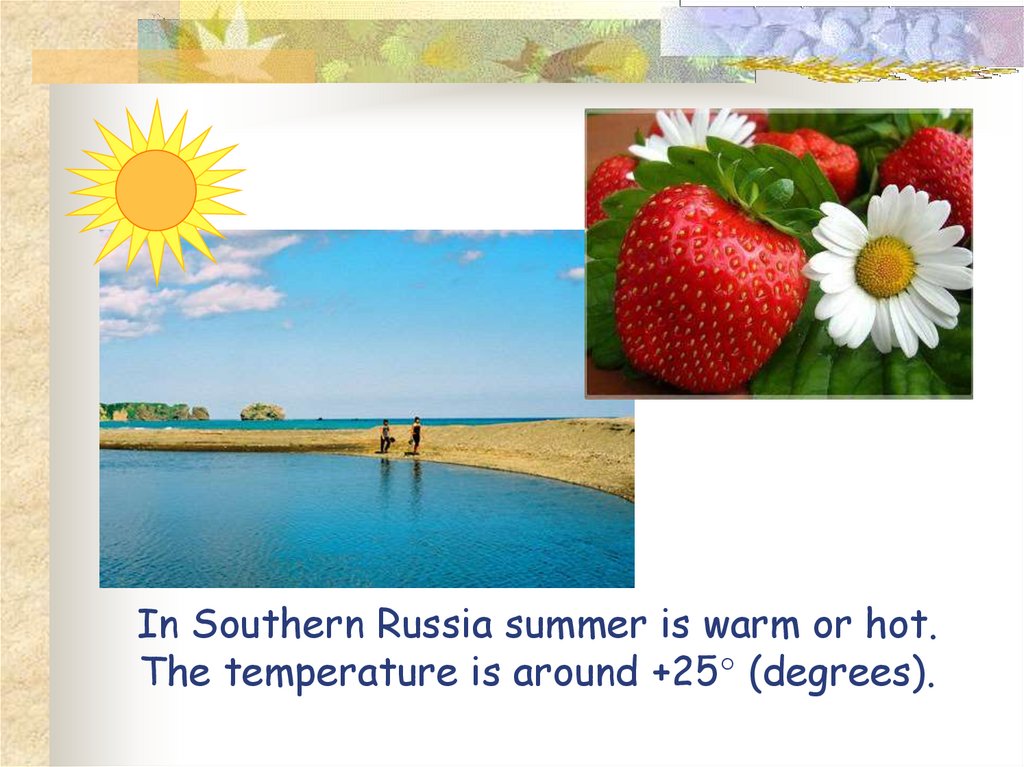 In Southern Russia summer is warm or hot. The temperature is around +25° (degrees).