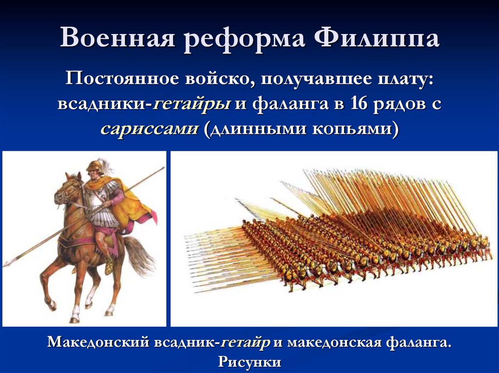Какие утверждения характеризуют военную реформу филиппа. Возвышение Македонии презентация 5.