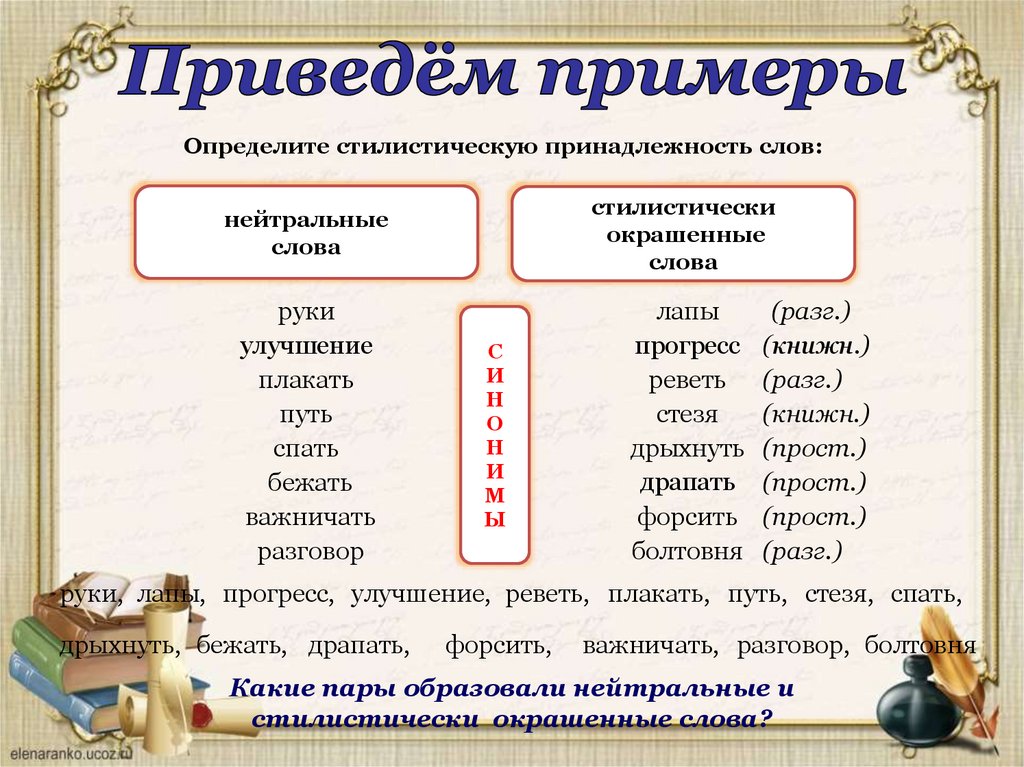 Стилистически окрашенное слово в предложениях 6 7. Стилистически окрашенное слово примеры. Стилистическое окрашенное слово это. Стилистическая окраска слова. Примеры стилической окраски.