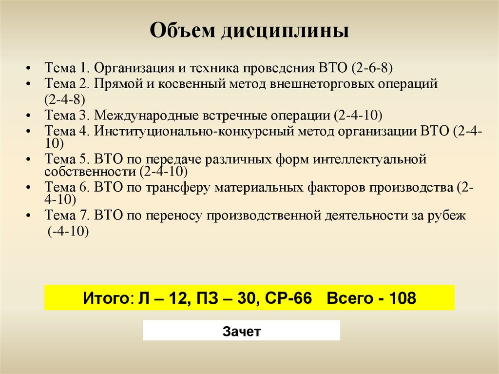 Операции реферат. Международные встречные операции. Объем дисциплины.