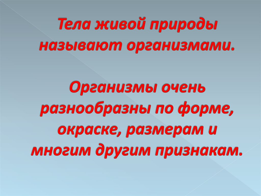Тела живой природы называют организмами. Организмы очень разнообразны по форме, окраске, размерам и многим другим признакам.