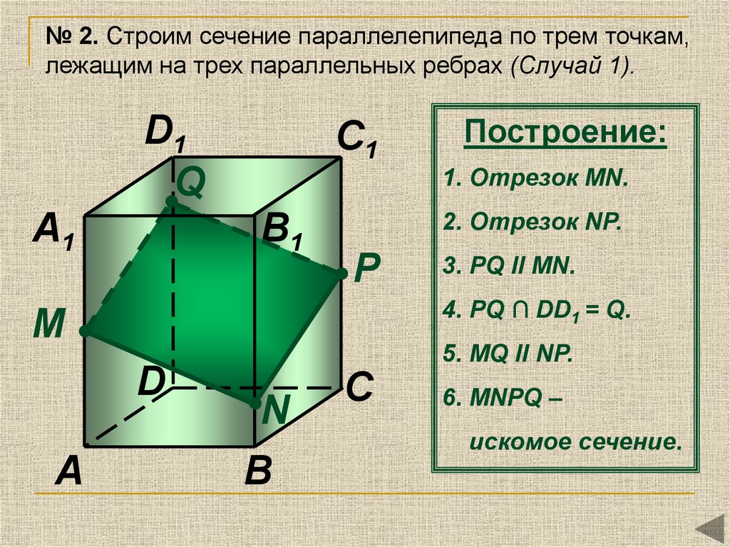 Сечение по трем точкам. Построение сечения в параллелепипеде четырехугольник. Сечение прямоугольного параллелепипеда. Построить сечение параллелепипеда. Параллелепипед на плоскости.