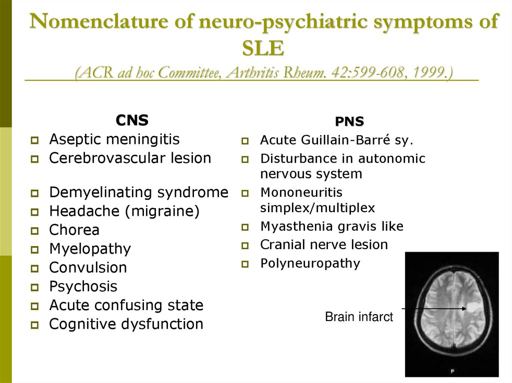 Nomenclature of neuro-psychiatric symptoms of SLE (ACR ad hoc Committee, Arthritis Rheum. 42:599-608, 1999.)