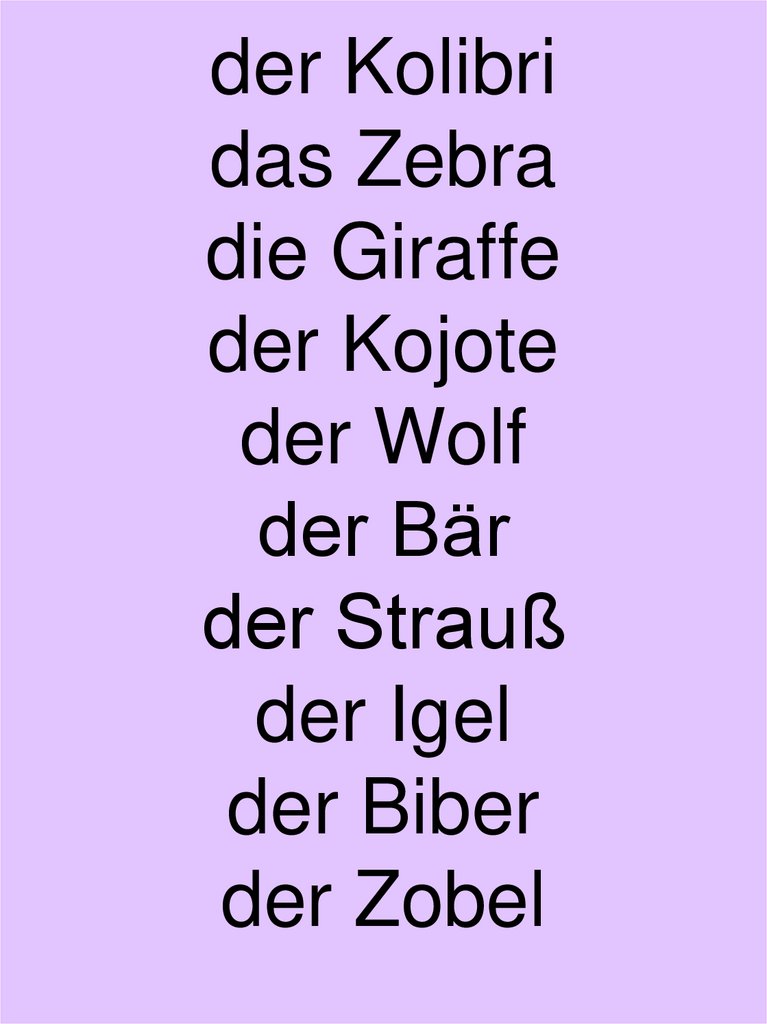 der Kolibri das Zebra die Giraffe der Kojote der Wolf der Bär der Strauß der Igel der Biber der Zobel