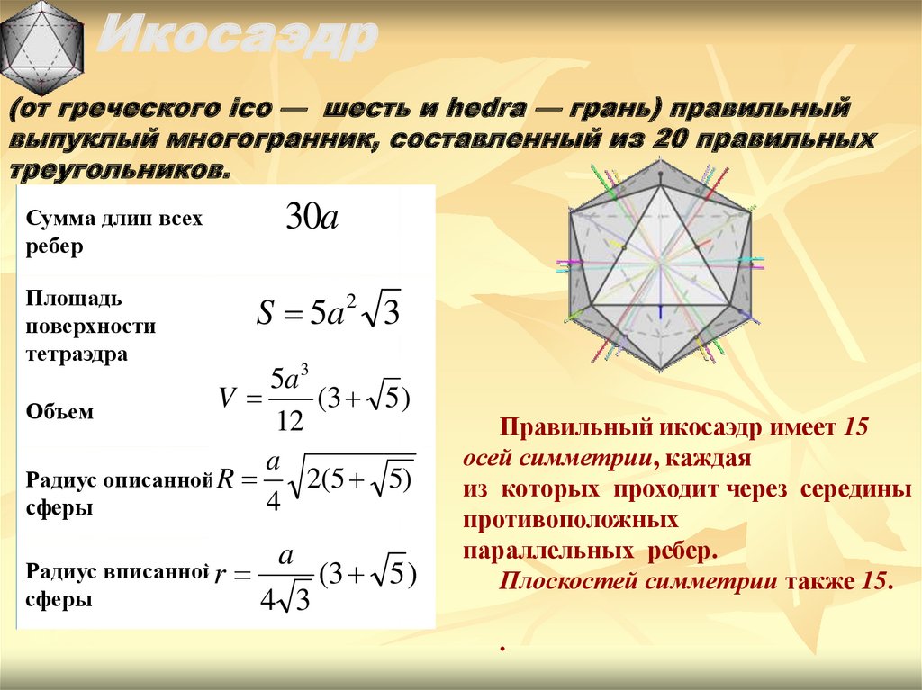Вычисление элементов многогранников. Площадь боковой поверхности икосаэдра. Площадь полной поверхности икосаэдра. Площадь поверхности правильного икосаэдра. Площадь полной поверхности икосаэдра формула.