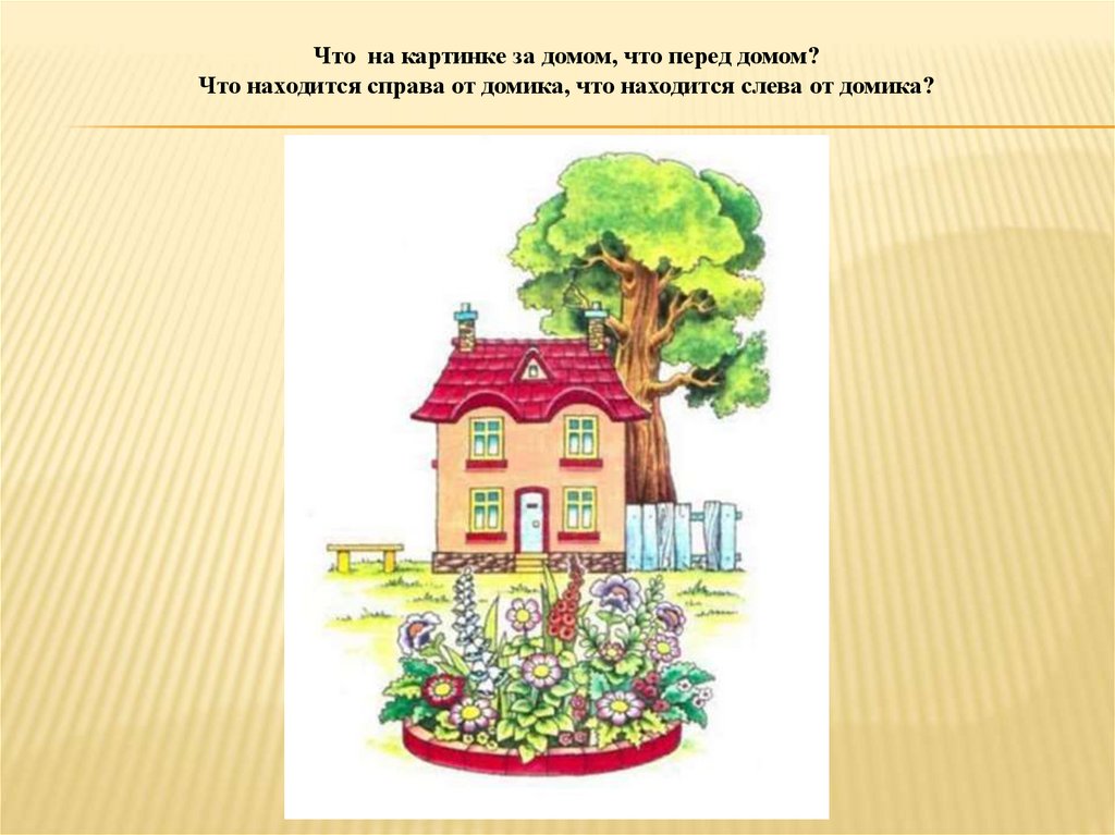 Что на картинке за домом, что перед домом? Что находится справа от домика, что находится слева от домика?