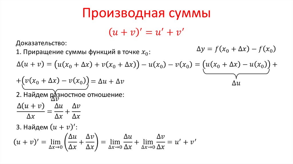 Производная произведения. Формула производной суммы. Правила дифференцирования примеры с решением. Уравнения с производными.