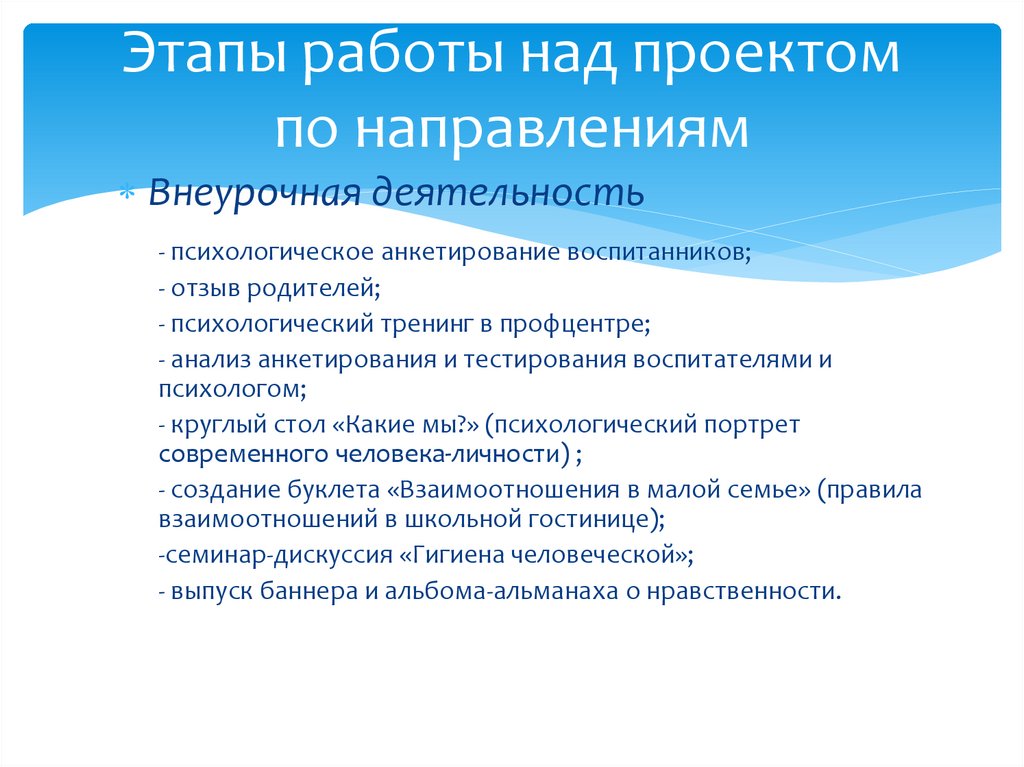 Этапы работы над проектом по направлениям