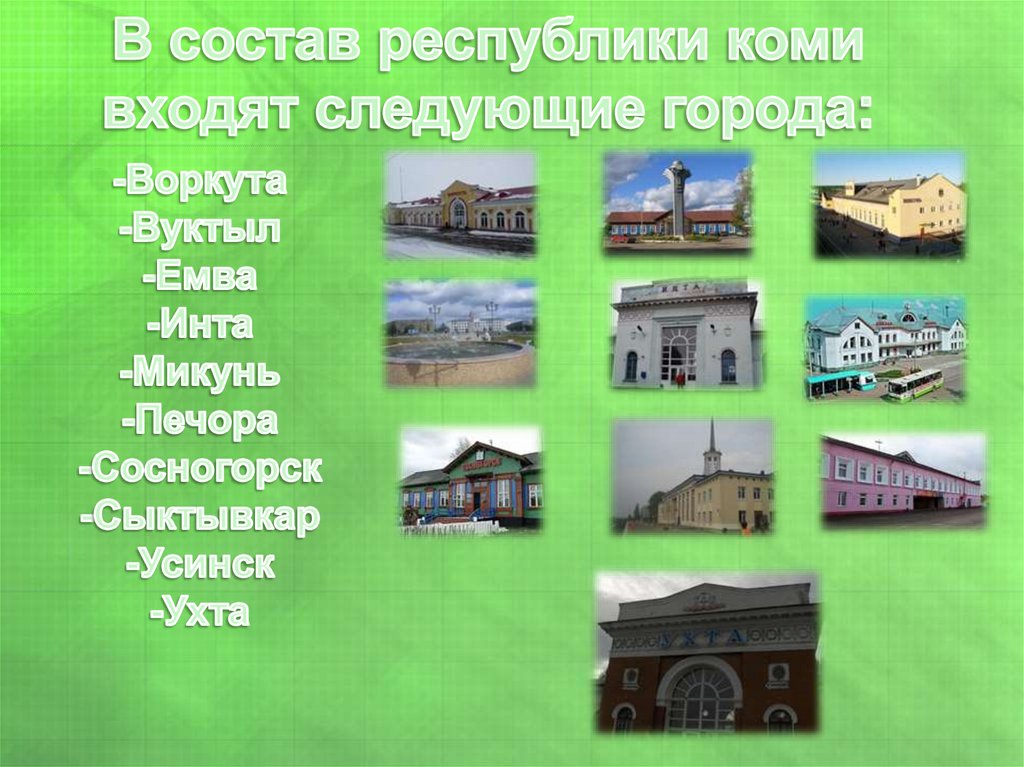 Города республики это. Города Республики Коми презентация. 10 Городов Республики Коми. Сосногорск Республика Коми презентация. Старые названия городов Республики Коми.