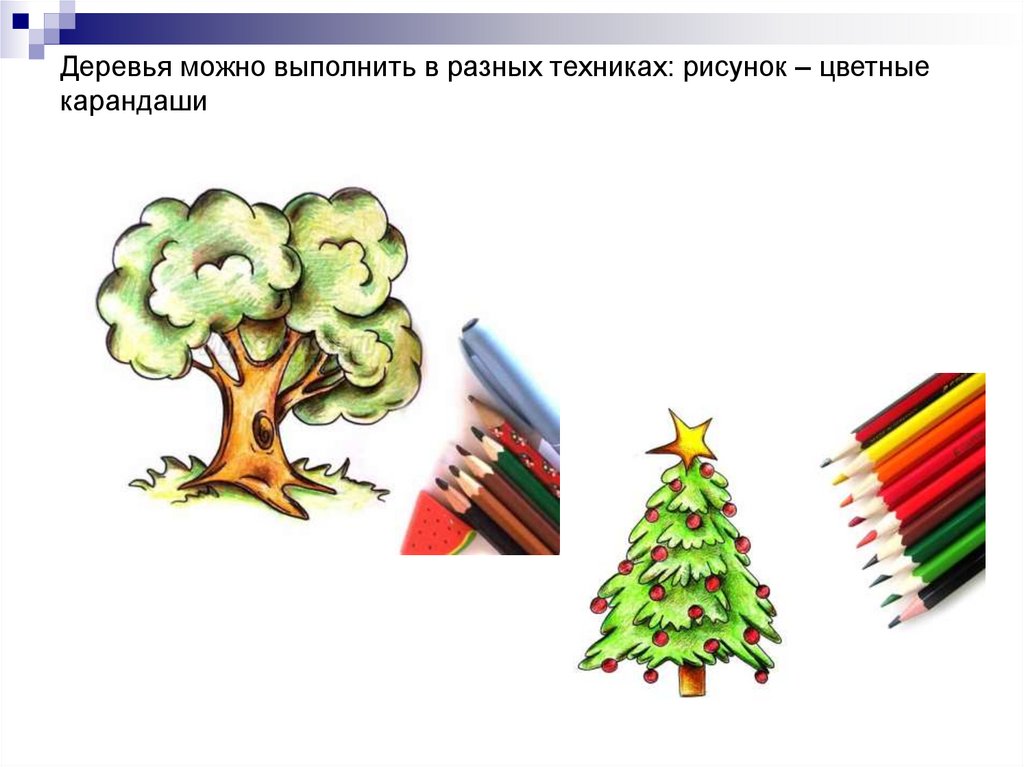 Деревья можно выполнить в разных техниках: рисунок – цветные карандаши