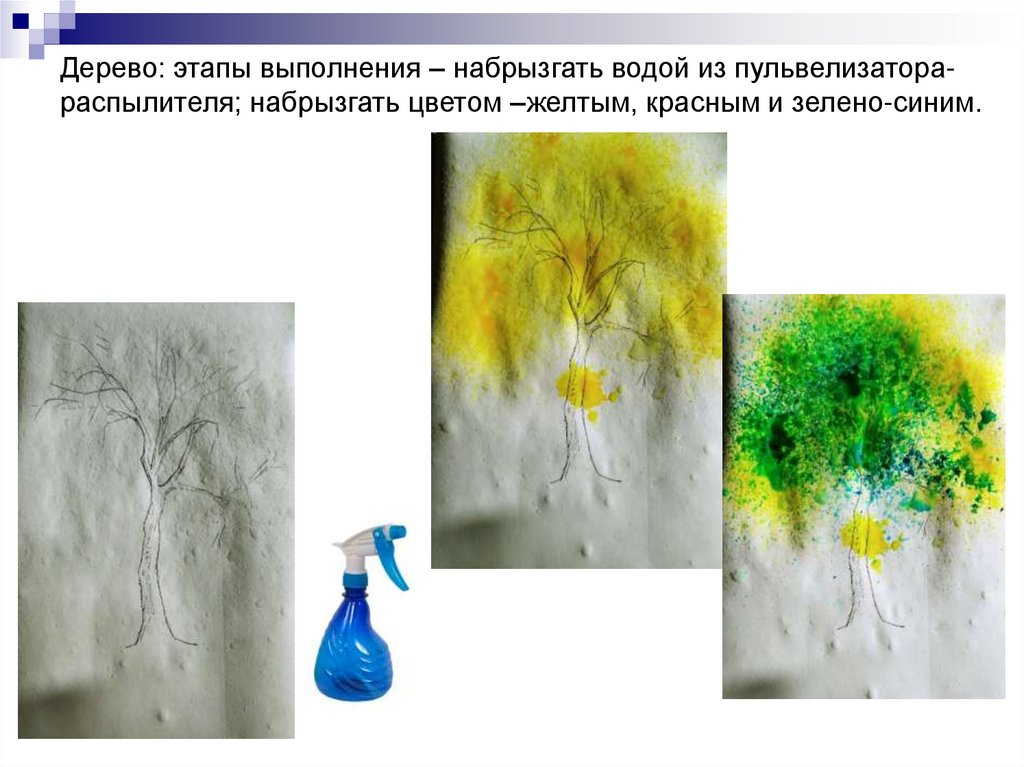 Дерево: этапы выполнения – набрызгать водой из пульвелизатора-распылителя; набрызгать цветом –желтым, красным и зелено-синим.