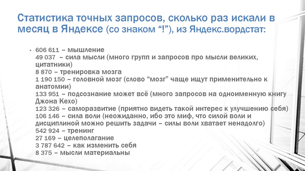 Статистика точных запросов, сколько раз искали в месяц в Яндексе (со знаком “!”), из Яндекс.вордстат: