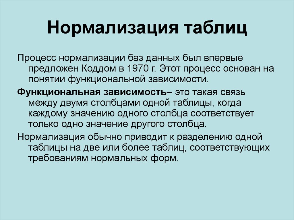 Процедура нормализации БД. Процесс нормализации. Процесс нормализации таблиц.