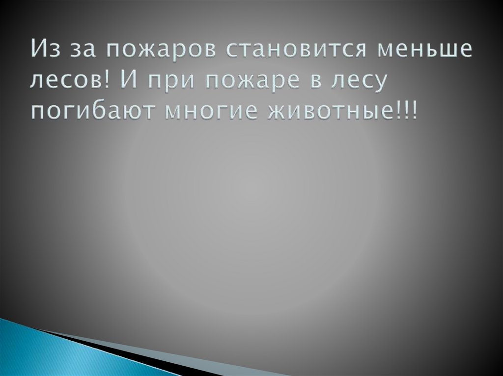 Из за пожаров становится меньше лесов! И при пожаре в лесу погибают многие животные!!!