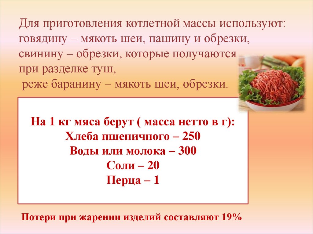 Схема приготовления котлетной массы из мяса какую часть мяса берут