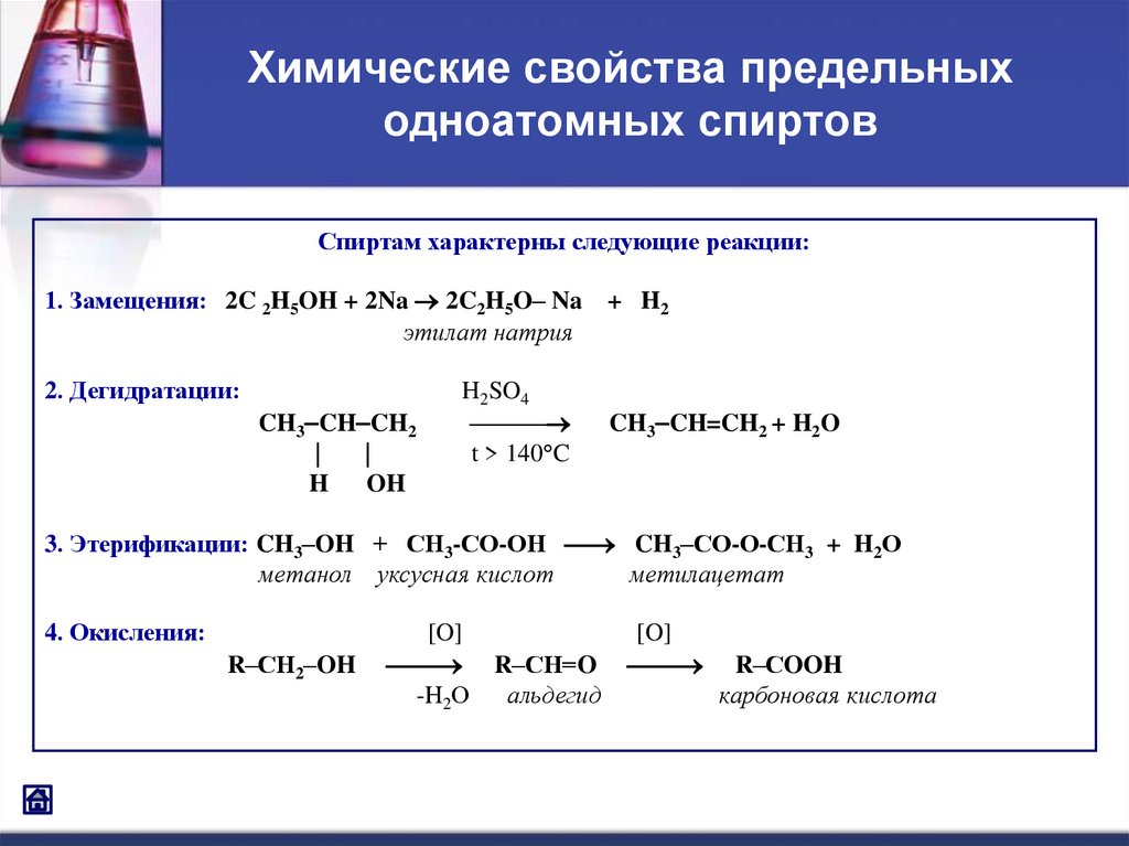 Химические свойства предельных одноатомных спиртов