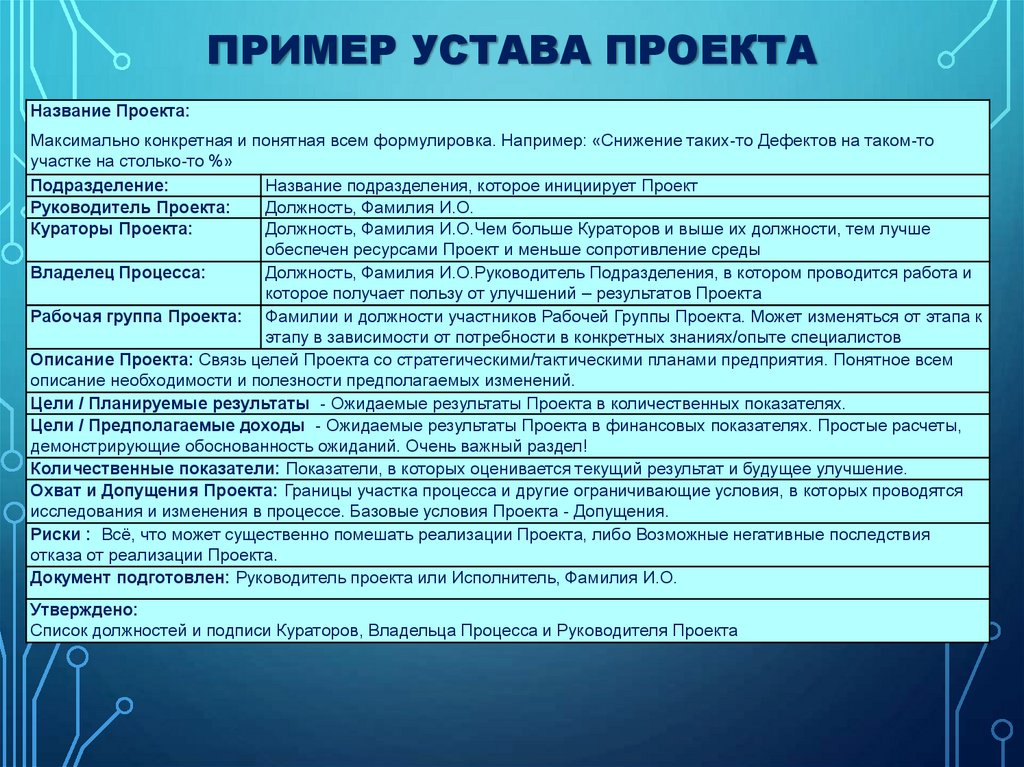 Устав проекта должен содержать сведения о детальном порядке выполнения работ проекта