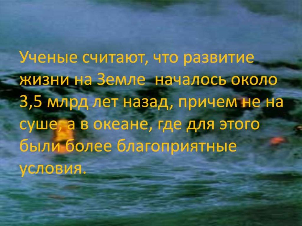 Ученые считают, что развитие жизни на Земле началось около 3,5 млрд лет назад, причем не на суше, а в океане, где для этого