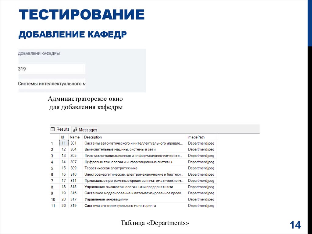 Тестирование добавление кафедр