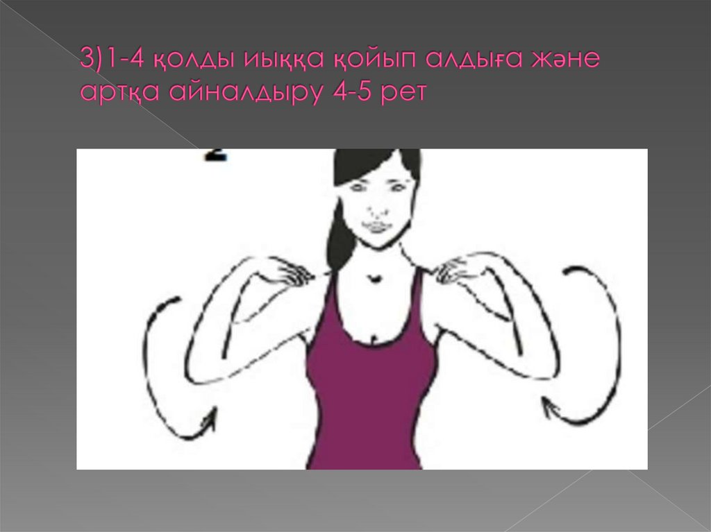 3)1-4 қолды иыққа қойып алдыға және артқа айналдыру 4-5 рет
