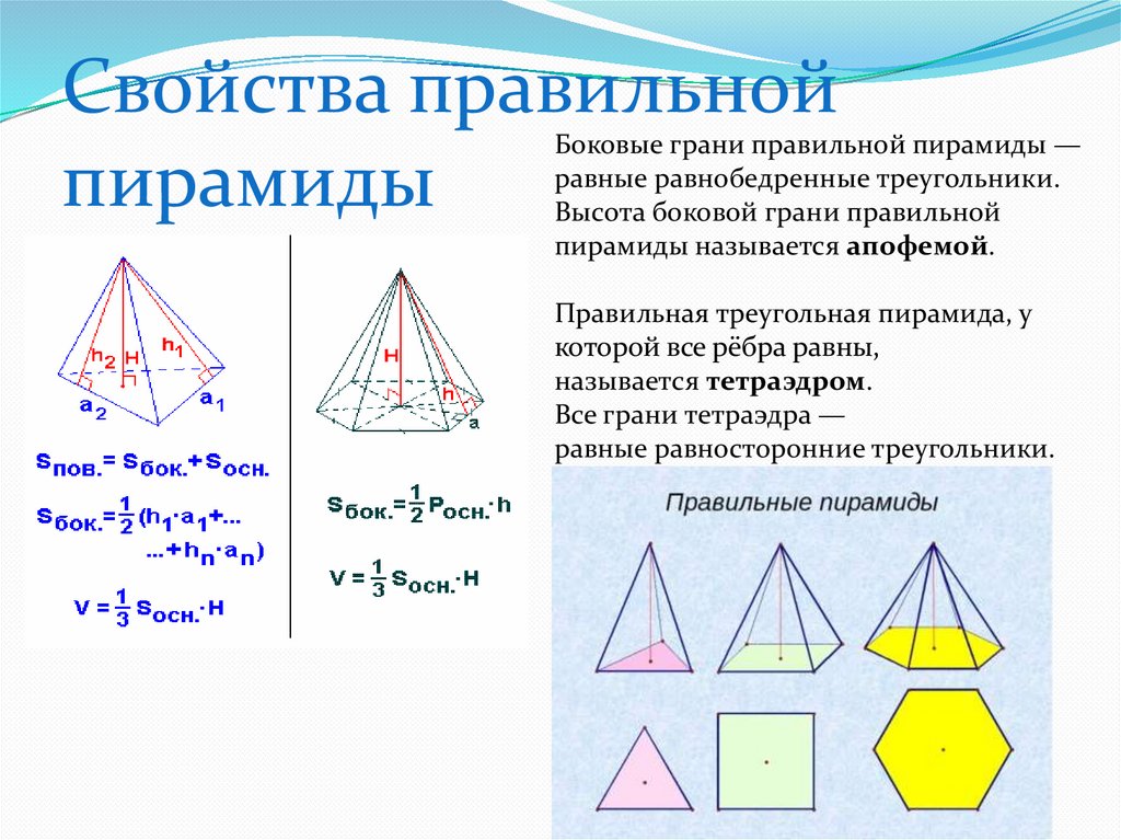 Пирамида свойства. Грани правильной пирамиды. Высота боковой грани правильной пирамиды. Апофема свойства в пирамиде. Грани пирамиды правильные треугольники.