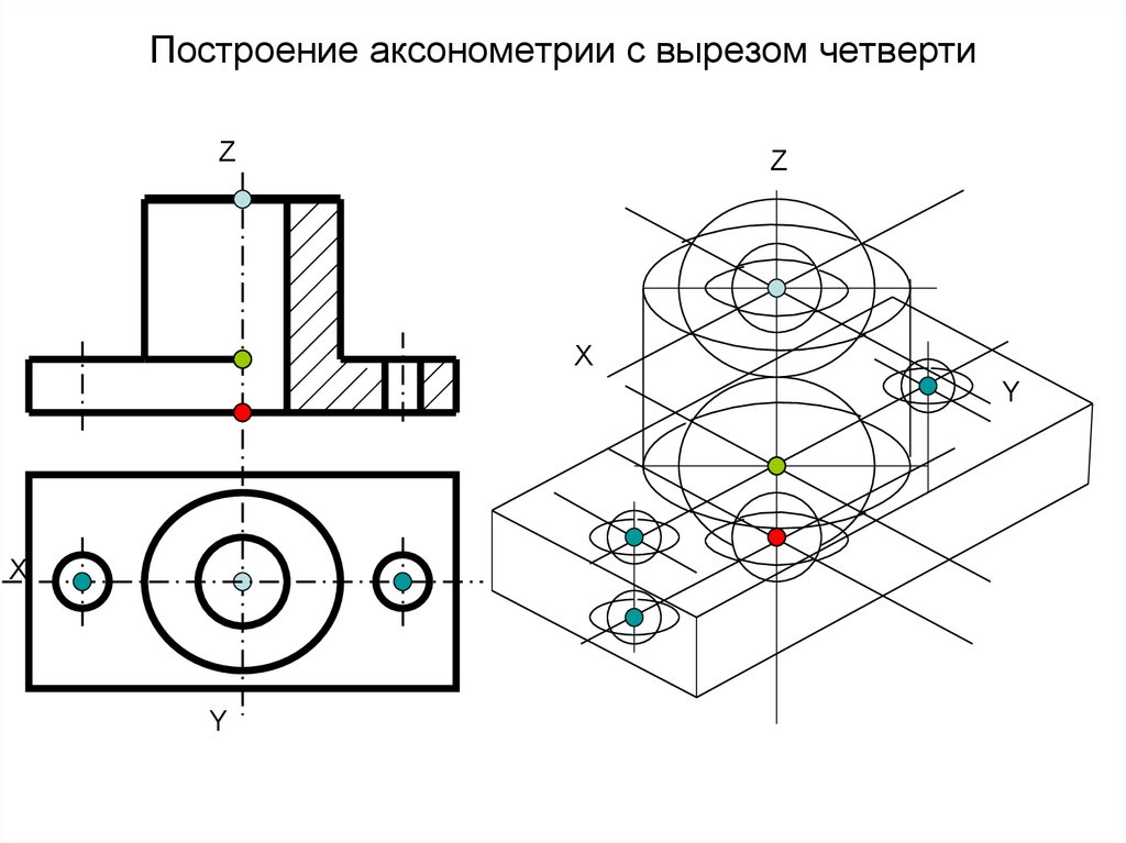 Чертеж детали с вырезом четверти в аксонометрии