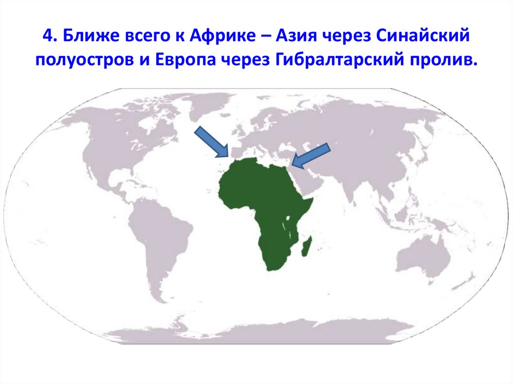 4. Ближе всего к Африке – Азия через Синайский полуостров и Европа через Гибралтарский пролив.