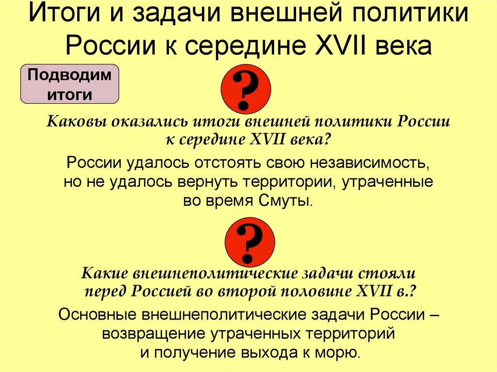 Итоги и задачи внешней политики России к середине XVII века