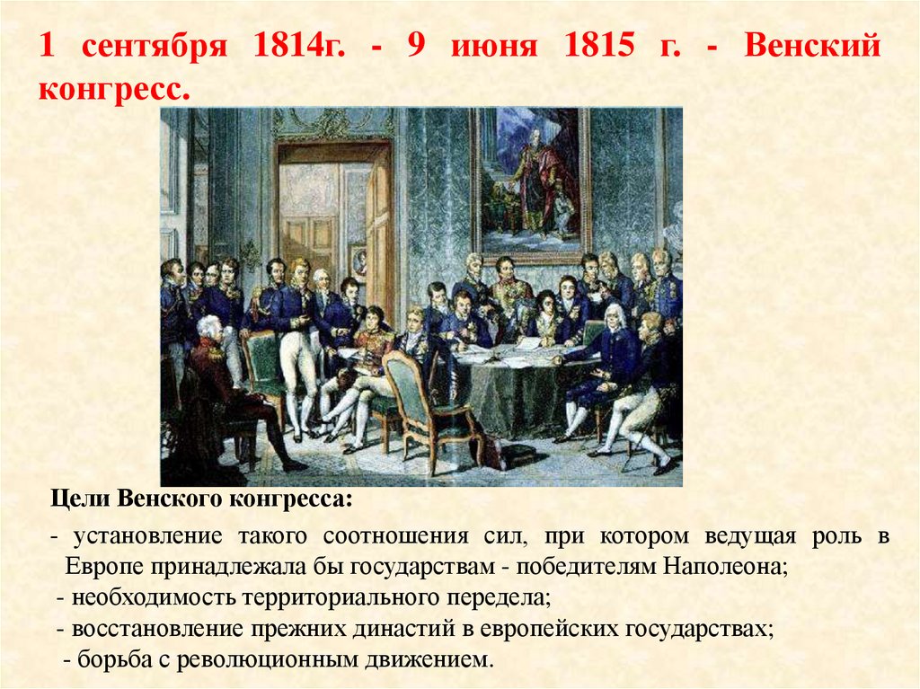 1 сентября 1814г. - 9 июня 1815 г. - Венский конгресс.