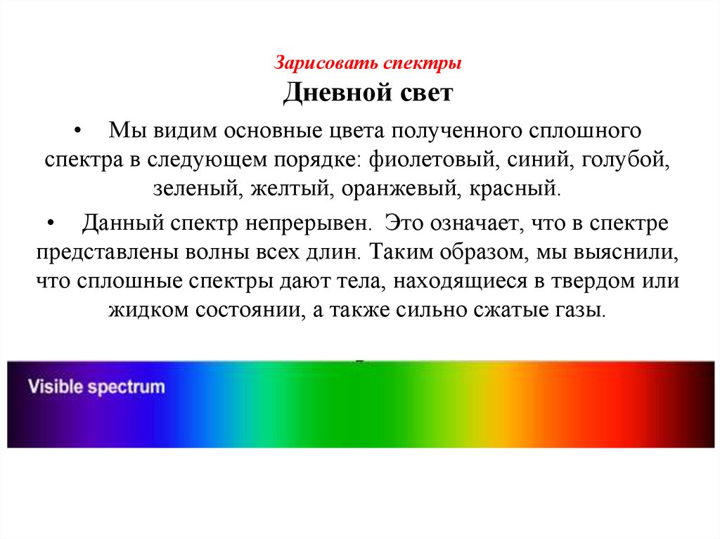 Как можно наблюдать спектр. Лабораторная наблюдение линейчатого спектров. Основные цвета линейчатого спектра. Цвета сплошного спектра. Основные цвета сплошного и линейчатого спектров.