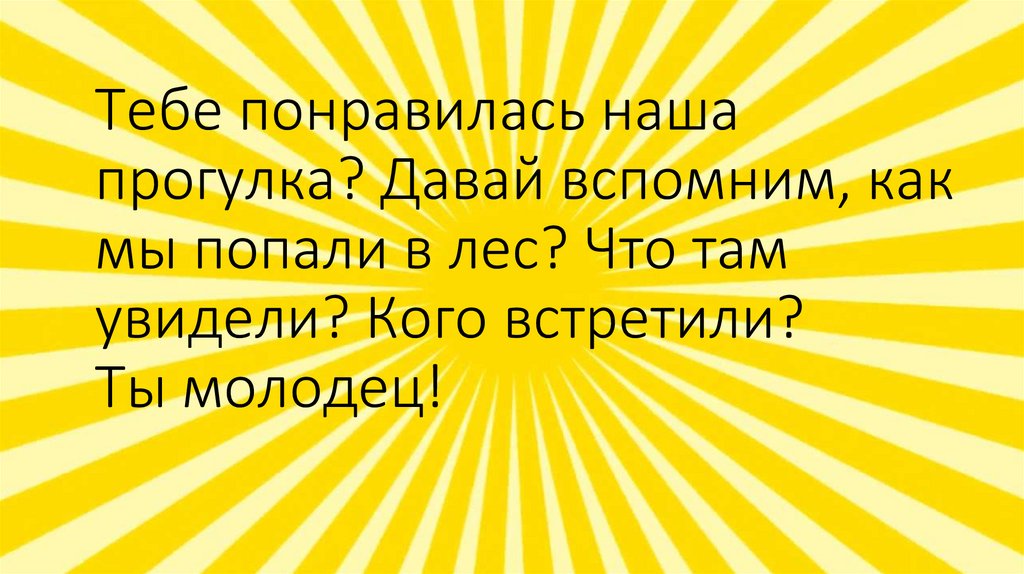 Тебе понравилась наша прогулка? Давай вспомним, как мы попали в лес? Что там увидели? Кого встретили? Ты молодец!