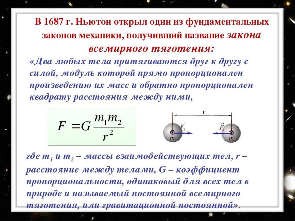 Законы механика физика. Ньютон закон тяготения 1687. Закон Всемирного тяготения два любых тела притягиваются друг к другу. Сила притяжения закон Ньютона. Сила с которой притягиваются друг к другу.