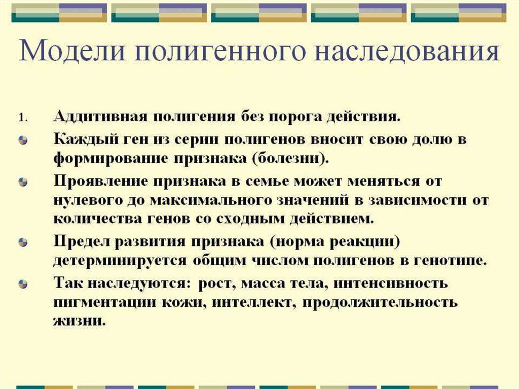 Наследование признаков в семье. Модели полигенного наследования. Аддитивно полигенное наследование. Аддитивно-полигенное наследование с пороговым эффектом. Механизм наследования полигенных признаков.