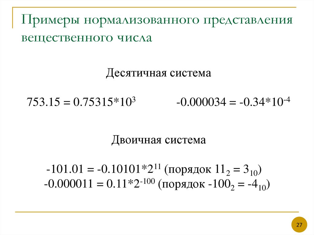 Примеры нормализованного представления вещественного числа