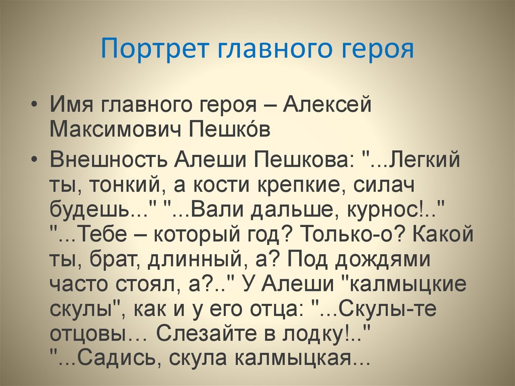 Портретная характеристика героя