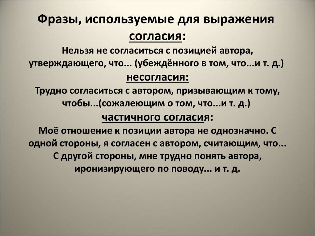 Фразы, используемые для выражения  согласия: Нельзя не согласиться с позицией автора, утверждающего, что... (убеждённого в том,