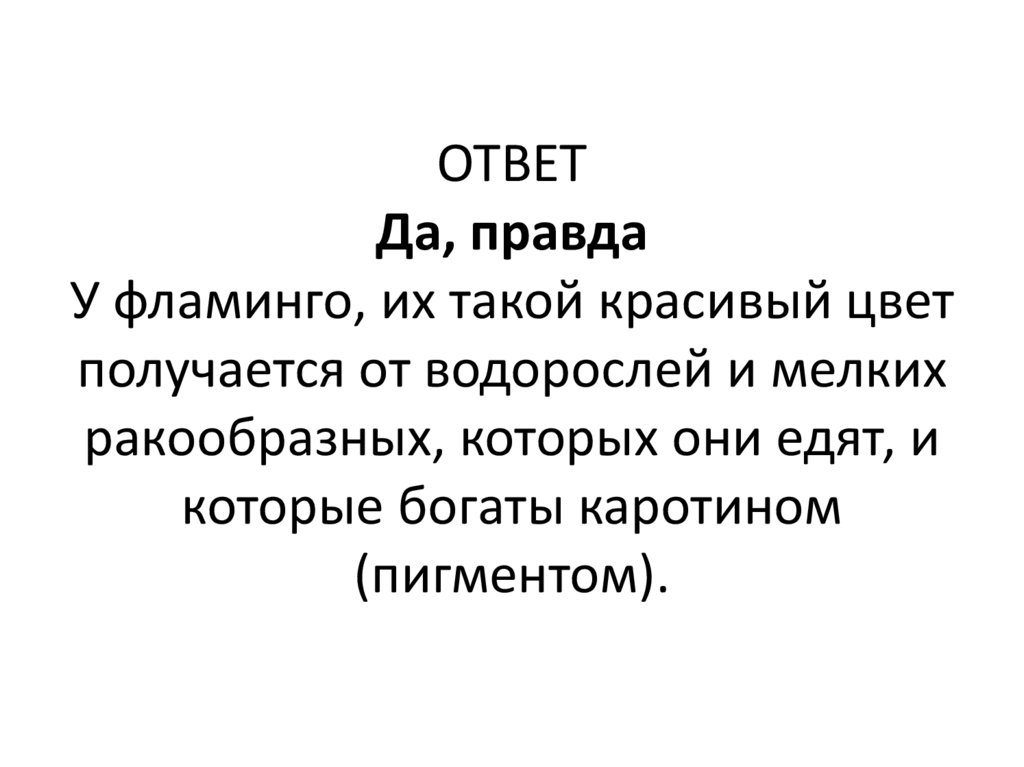 ОТВЕТ Да, правда У фламинго, их такой красивый цвет получается от водорослей и мелких ракообразных, которых они едят, и которые