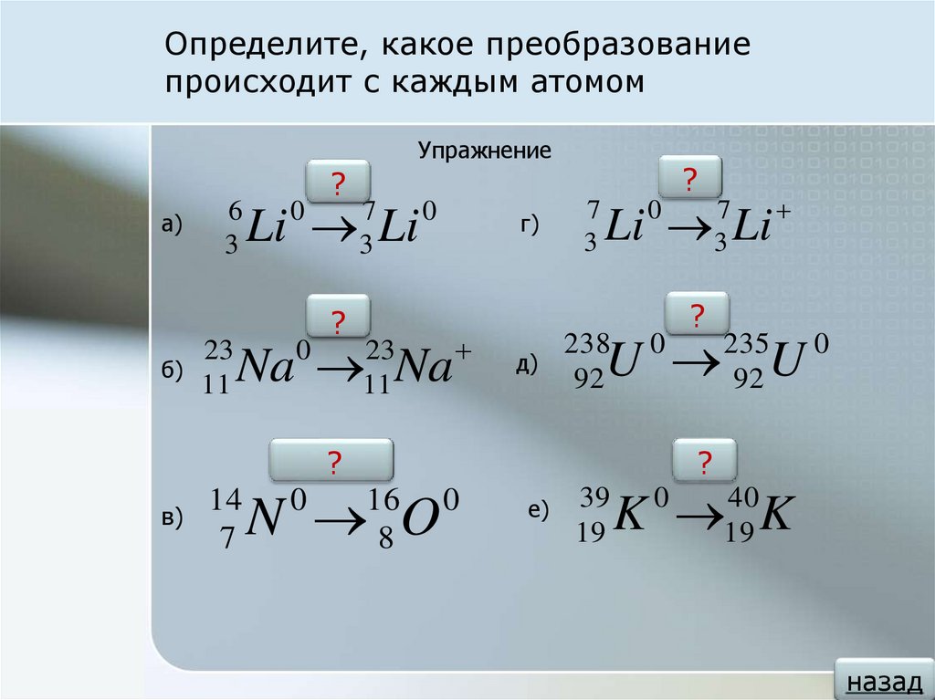 Ионы и изотопы. Атомное упражнение. Определите число p+ n0 e для изотопов 26 13 al, 27 13 l2. В источнике происходит преобразование