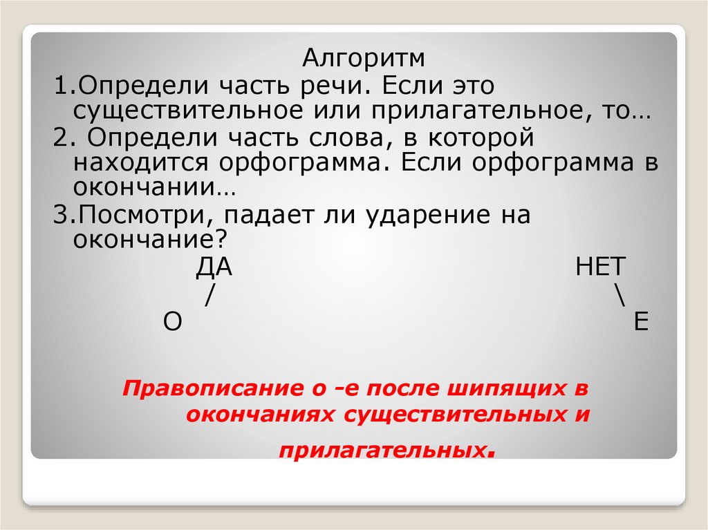 Правописание о -е после шипящих в окончаниях существительных и прилагательных.