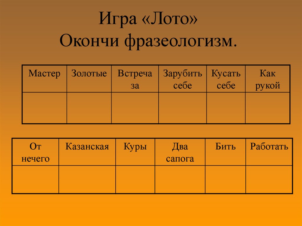 Игра «Лото» Окончи фразеологизм.