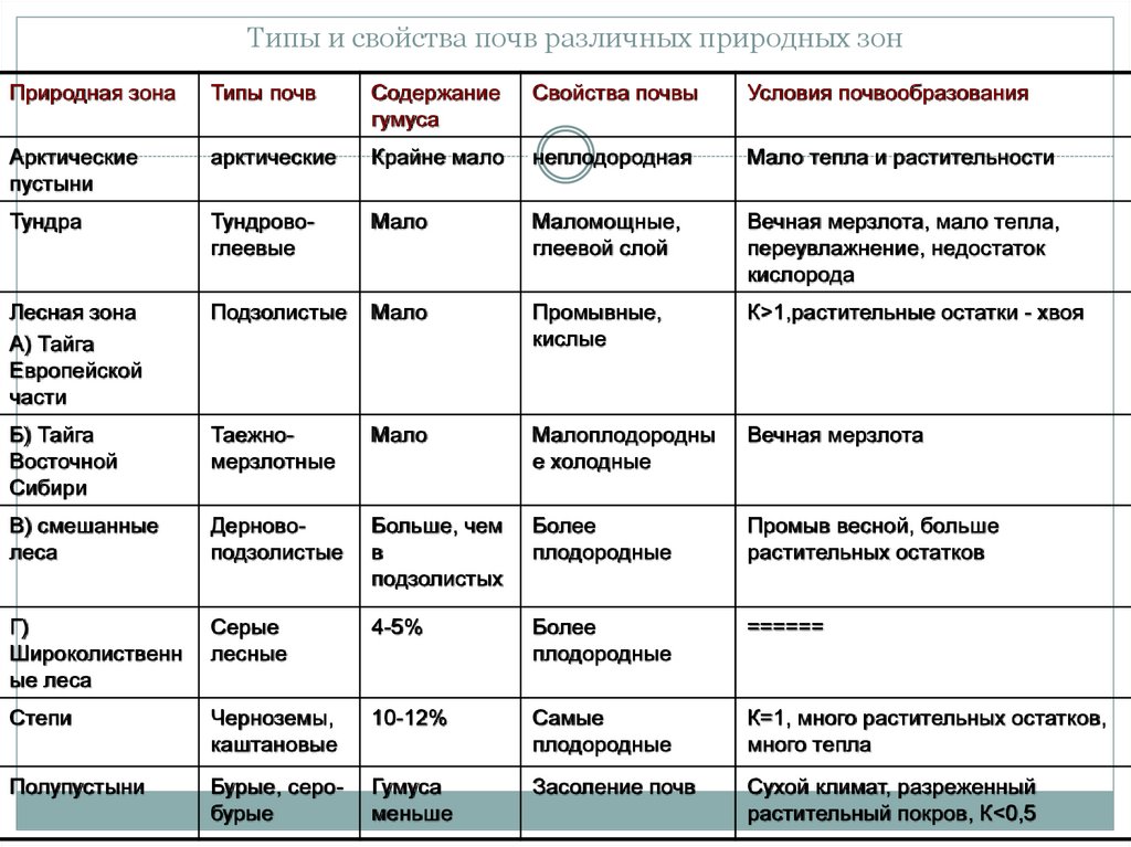 Почвы какой из перечисленных природных зон россии. Характеристики основных типов почв России таблица. Таблица характеристика зональных типов почв. Таблица природные зоны типы почв содержание. Таблица характеристика типов почв.