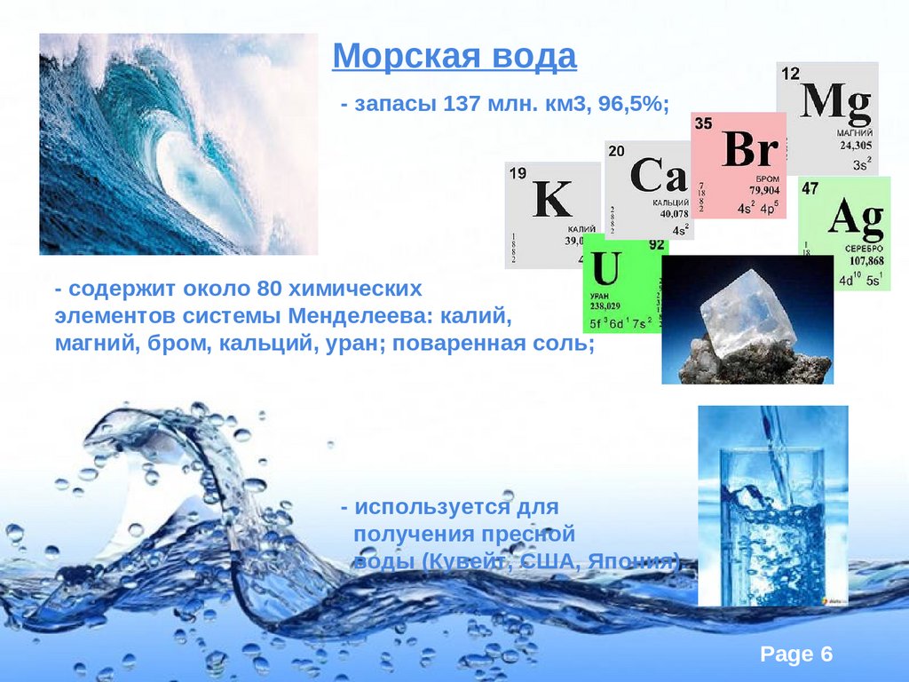Содержащиеся элементы в воде. Химические элементы морской воды. Ресурсы морской воды. Химический состав воды. Вода химический элемент.