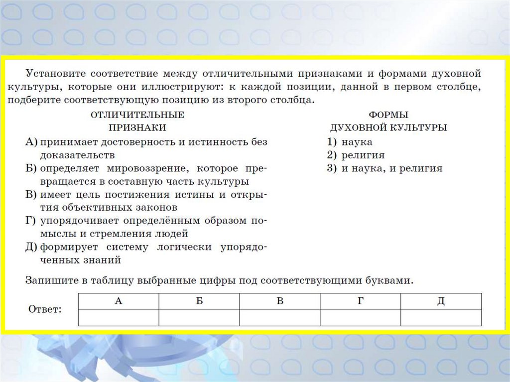 Соответствие между признаками и формами культуры. Установите соответствие между организационно правовыми. Запишите в таблицу выбранные цифры под соответствующими буквами. Запишите в таблицу выбранный цыфры под соответствующие буквами. Запешите в таблицувыбраные цыфры под соответствующими буквами.