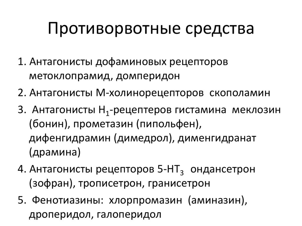 Противорвотные препараты. Противорвотные средства классификация. Противорвотные средства список препаратов. Средства влияющие на моторику желудка. Средства влияющие на моторную функцию ЖКТ.